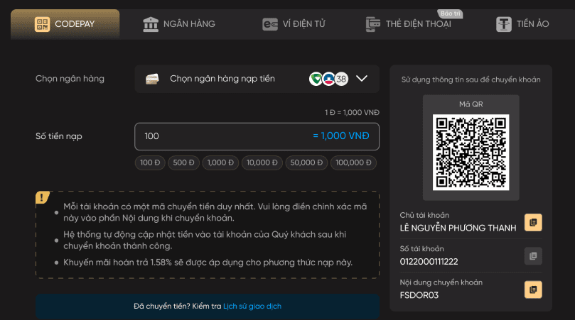 Nạp Tiền Qua Codepay